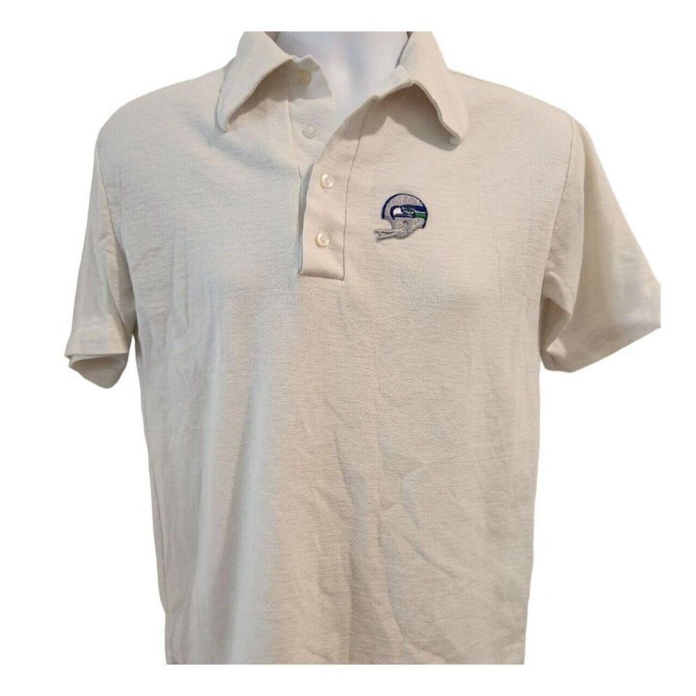 Vintage 80s Seattle Seahawks White Short Sleeve Polo Collared Shirt M